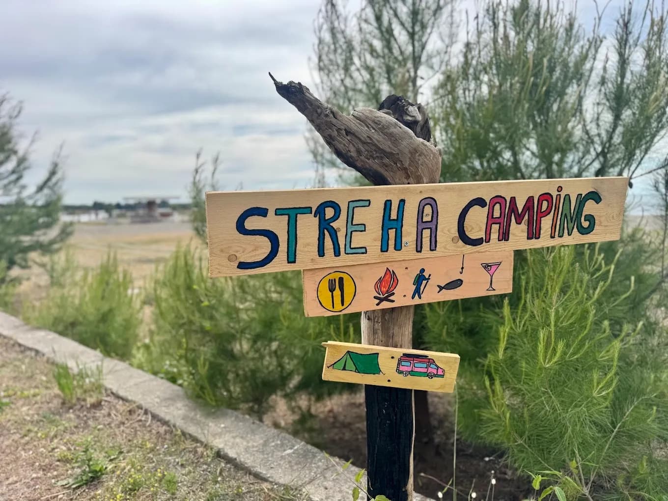 Hand-painted wooden sign of Streha Camping between tamarisk trees, with the beach and the sea behind it